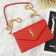 Saint Laurent Large Envelope Chain Wallet In Textured Matelasse Leather Red/Gold