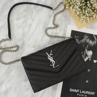 Saint Laurent Large Envelope Chain Wallet In Textured Matelasse Leather Black/Silver