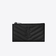 Saint Laurent Fragments Zipped Card Case In Grained Matelasse Leather Black