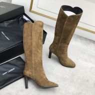 Saint Laurent Jane High-Heel Boots Women Suede with YSL Signature Khaki