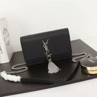 Saint Laurent Large Kate Chain Wallet with Tassel In Textured Leather Black/Silver