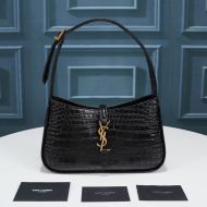 Saint Laurent Le 5 A 7 Hobo Bag In Crocodile-Embossed Shiny Leather Black/Gold