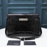 Saint Laurent Manhattan Shoulder Bag In Crocodile-Embossed Shiny Leather Black/Silver