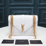 Saint Laurent Medium Envelope Chain Bag In Mixed Grained Matelasse Leather White/Gold