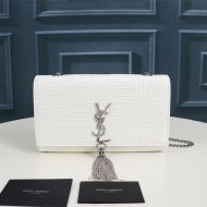 Saint Laurent Medium Kate Chain Bag with Tassel In Crocodile Embossed Shiny Leather White/Silver