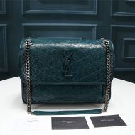 Saint Laurent Medium Niki Chain Bag In Crinkled And Quilted Leather Green/Silver