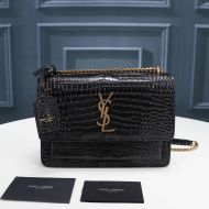 Saint Laurent Medium Sunset Chain Bag In Crocodile Embossed Leather Black/Gold