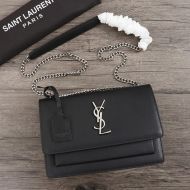 Saint Laurent Medium Sunset Chain Bag In Textured Leather Black/Silver