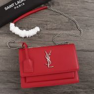 Saint Laurent Medium Sunset Chain Bag In Textured Leather Red/Silver