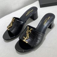 Saint Laurent Monogram Heeled Slides Women Crocodile Embossed Leather Black