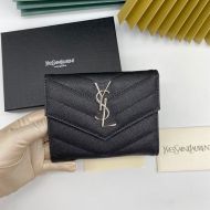 Saint Laurent Monogram Trifold Card Case In Grained Matelasse Leather Black/Silver