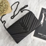 Saint Laurent Large Monogram Chain Wallet In Grained Matelasse Leather Black