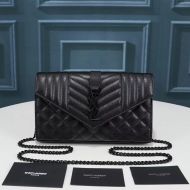 Saint Laurent Large Monogram Chain Wallet In Mixed Grained Matelasse Leather Black