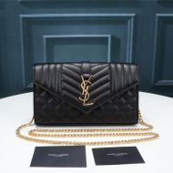 Saint Laurent Large Monogram Chain Wallet In Mixed Grained Matelasse Leather Black/Gold