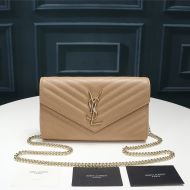 Saint Laurent Large Monogram Chain Wallet In Textured Matelasse Leather Apricot/Gold