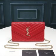 Saint Laurent Large Monogram Chain Wallet In Textured Matelasse Leather Red/Gold