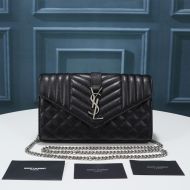 Saint Laurent Large Monogram Chain Wallet In Mixed Grained Matelasse Leather Black/Silver