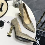 Saint Laurent Opyum Pumps Women Glitter Rhinestones Fabric with Gold Heel Khaki