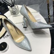 Saint Laurent Opyum Pumps Women Glitter Rhinestones Fabric with Silver Heel Silver