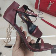 Saint Laurent Opyum Sandals Women Smooth Leather with Gold Heel Burgundy