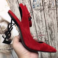 Saint Laurent Opyum Slingback Pumps Women Suede with Black Heel Red