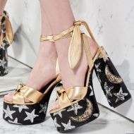 Saint Laurent Paige Platform Sandals Women Leather with Sequin Embroidery Gold