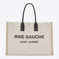 Saint Laurent Rive Gauche Tote In Linen And Leather White