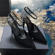 Saint Laurent Vesper Slingback Pumps with Chains Strap Women Tweed and Leather Black/Silver