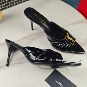 Saint Laurent Babylone Stiletto Mules Women Patent Calfskin Black/Gold