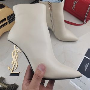 Saint Laurent Opyum Ankle Boots Women Smooth Leather Beige/Gold