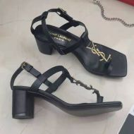 Saint Laurent Cassandra Heeled Sandals with Toehold Loop Women Smooth Leather Black/Gold