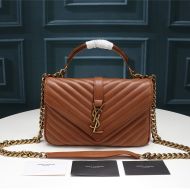 Saint Laurent Medium College Chain Bag In Crinkled Matelasse Leather Brown/Gold