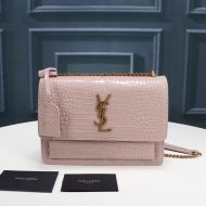 Saint Laurent Medium Sunset Chain Bag In Crocodile Embossed Leather Pink/Gold