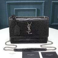 Saint Laurent Medium Sunset Chain Bag In Crocodile Embossed Leather Black/Silver