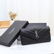 Saint Laurent Large Monogram Flap Wallet In Grained Matelasse Leather Black/Silver