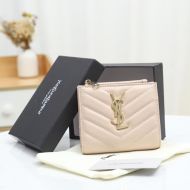 Saint Laurent Monogram Zipped Bifold Card Case In Grained Matelasse Leather Pink/Gold