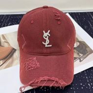 Saint Laurent Baseball Cap In Washed Denim with Cassandre Crystals Burgundy