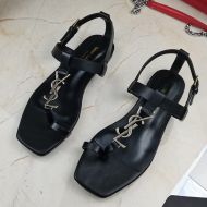 Saint Laurent Cassandra Flat Sandals with Toehold Loop Women Smooth Leather Black