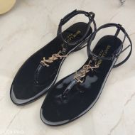 Saint Laurent Cassandra Flat Sandals With T-Strap Women Patent Leather Black/Gold