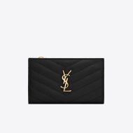 Saint Laurent Fragments Zipped Bifold Wallet In Grained Matelasse Leather Black/Gold