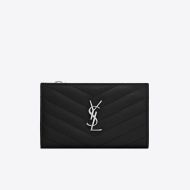 Saint Laurent Fragments Zipped Bifold Wallet In Grained Matelasse Leather Black/Silver