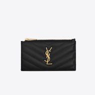 Saint Laurent Fragments Zipped Card Case In Grained Matelasse Leather Black/Gold