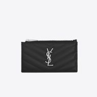 Saint Laurent Fragments Zipped Card Case In Grained Matelasse Leather Black/Silver