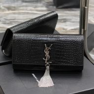 Saint Laurent Kate Clutch with Tassel In Crocodile Embossed Leather Black/Silver