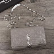 Saint Laurent Medium Kate Chain Bag with Tassel In Crocodile Embossed Shiny Leather Grey/Silver