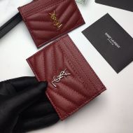 Saint Laurent Monogram Card Case In Grained Matelasse Leather Burgundy/Silver