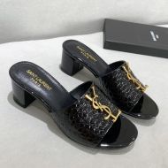 Saint Laurent Monogram Heeled Slides Women Stone Grain Leather Black