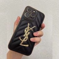 Saint Laurent Monogram iPhone Case In Matelasse Lambskin Black/Gold