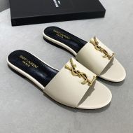 Saint Laurent Monogram Slides Women Smooth Leather Beige/Gold