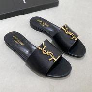 Saint Laurent Monogram Slides Women Smooth Leather Black/Gold